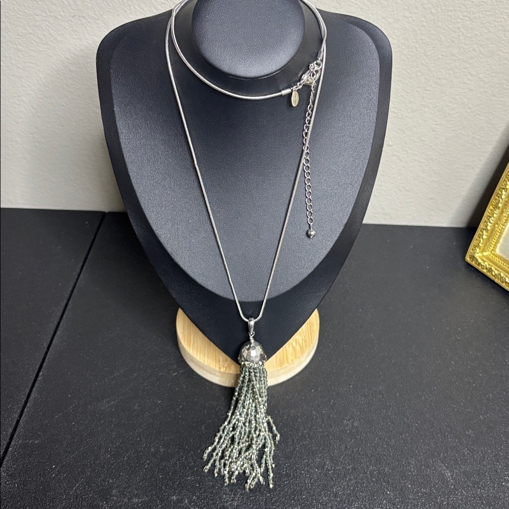 Chico’s Silver Tone Glass Seed Bead Tassel Long Necklace